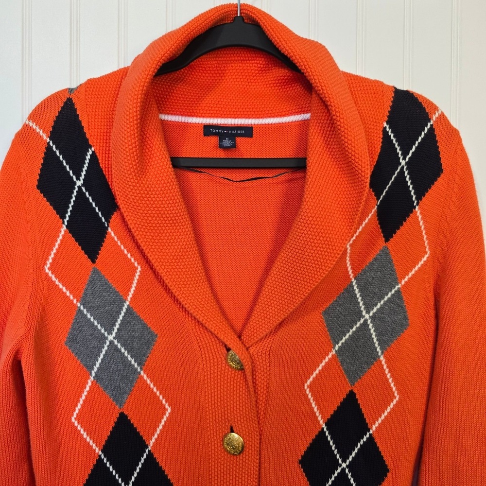 Tommy Hilfiger Orange Argyle Shawl Collar Cardigan Gold Crest Button Sweater M - Picture 2 of 12